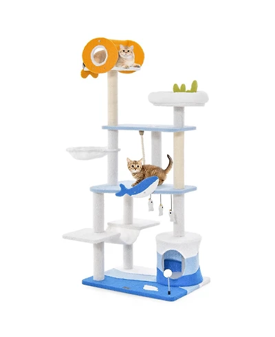 Multi-level Ocean-themed Cat Tree Tower with Sisal Covered Scratching Posts-Blue