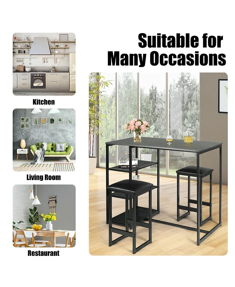 3 Pieces Dining Set with Rectangular Faux Marble and 3 Metal Storage Shelves