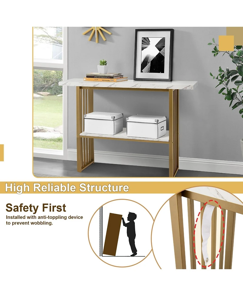 48 Inch 2-Tier Console Table with Gold Finished Frame-White