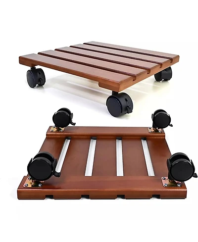 Alladinbox 2-Pack Wooden Plant Stand Caddy with Lockable Wheels Heavy Duty