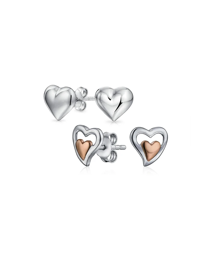 Bling Jewelry Set of 2 Double Open Heart Shaped Puffed Stud Earrings Rose Gold Plated Silver