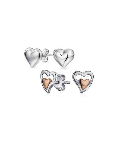 Bling Jewelry Set of 2 Double Open Heart Shaped Puffed Stud Earrings Rose Gold Plated Silver