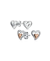 Bling Jewelry Set of 2 Double Open Heart Shaped Puffed Stud Earrings Rose Gold Plated Silver