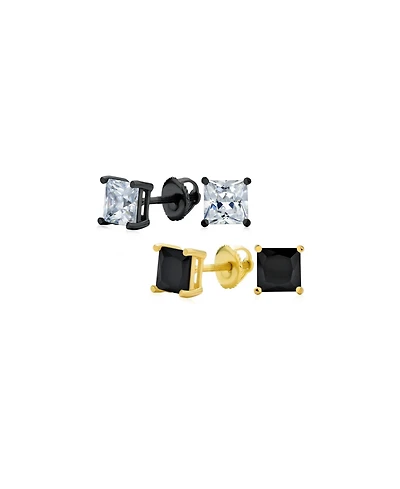 Bling Jewelry Set of 2 Square Cz Stud Earrings Silver Black Plated Secure Screw Back