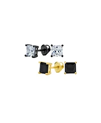 Bling Jewelry Set of 2 Square Cz Stud Earrings Silver Black Plated Secure Screw Back