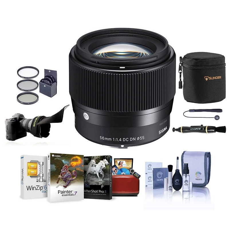 Sigma 56mm f/1.4 Dc Dn Contemporary Lens for Canon Ef-m, Bundle with Filter Kit, Flex Lens Shade, Lens Pouch, Lens Cleaner, Cleaning Kit, Mac Software