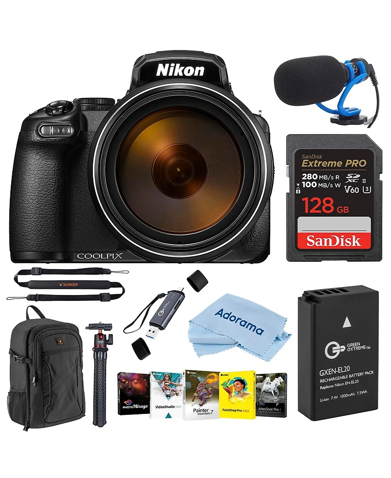 Nikon Coolpix P1100 Digital Camera, Bundle with 128GB Uhs-ii Memory Card, En-EL20 Battery, Backpack, Pc Software Kit, TASC300 Shotgun Microphone, Quic
