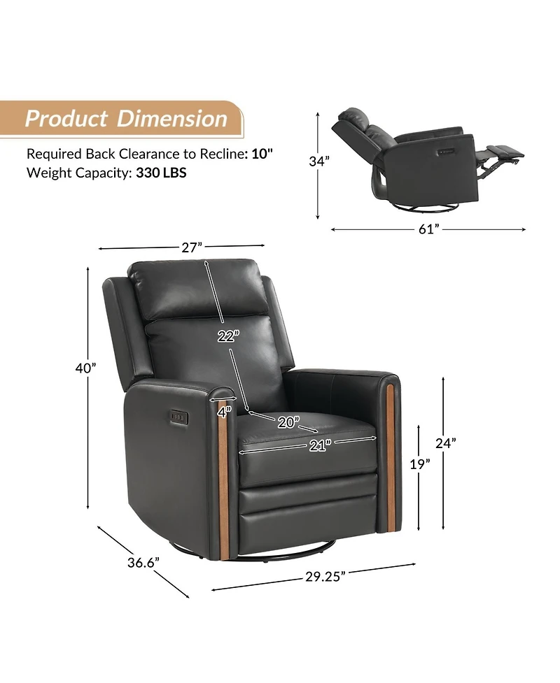 Jaime Genuine Leather Swivel Power Recliner Built-in Usb Port with Adjustable Headrest