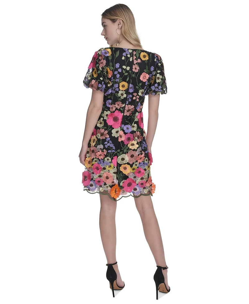 Eliza J Petite Embroidered 3d-floral Puff-sleeve Shift Mini Dress