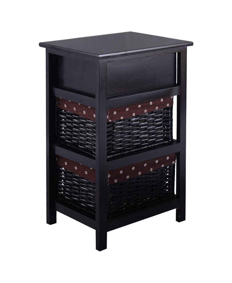3 Tiers Wooden Storage Nightstand with 2 Baskets and 1 Drawer