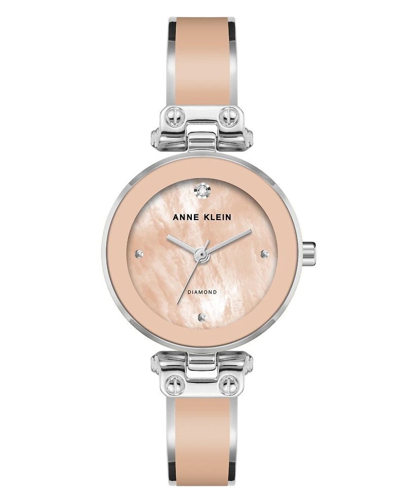 Anne Klein Women's Quartz Sleek Blush Enamel and Silver-Tone Metal Alloy Bangle Watch, 28mm
