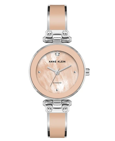 Anne Klein Women's Quartz Sleek Blush Enamel and Silver-Tone Metal Alloy Bangle Watch, 28mm