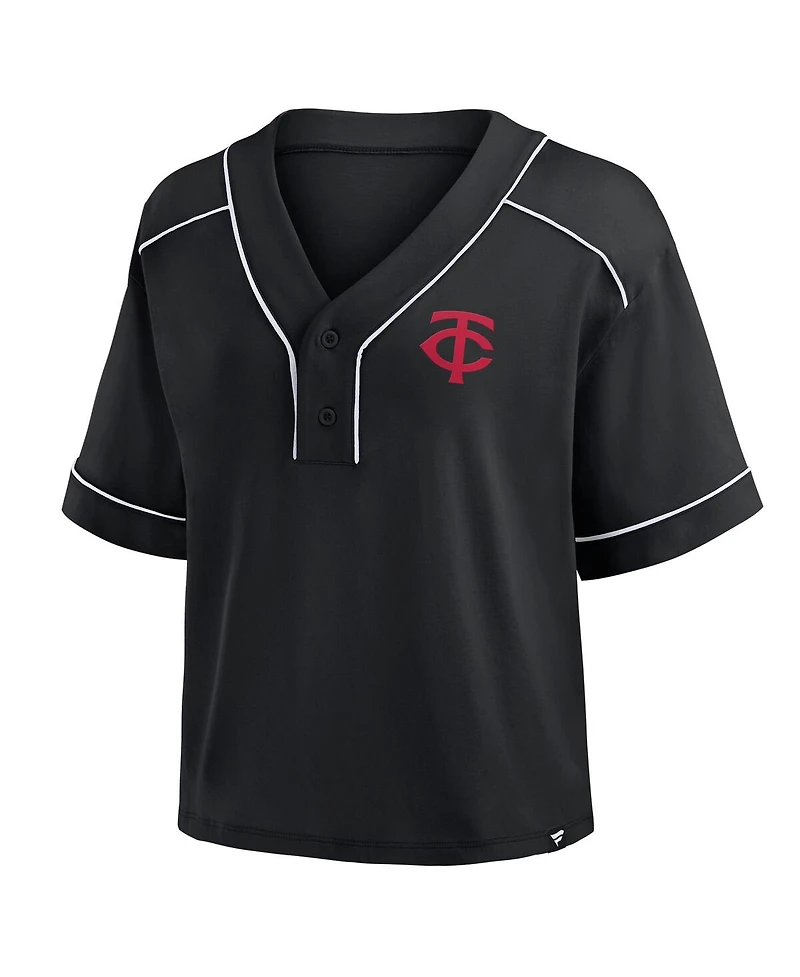 Fanatics Women's Black Minnesota Twins Oversized Champ Game Cropped V-Neck T-Shirt