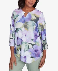 Alfred Dunner Petite Santa Fe Dramatic Pansies Print Top