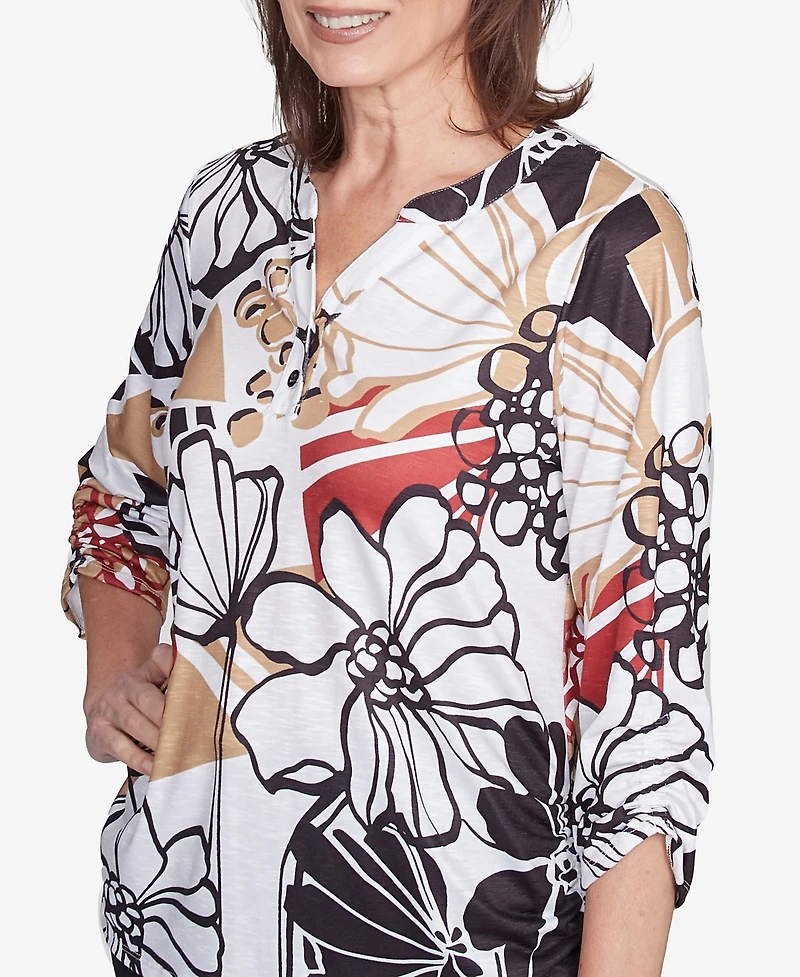 Alfred Dunner Petite Natural Instinct Bold Floral Illustrated Henley Top