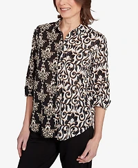 Alfred Dunner Petite Natural Instinct Medallion Twin Print Button Front Top