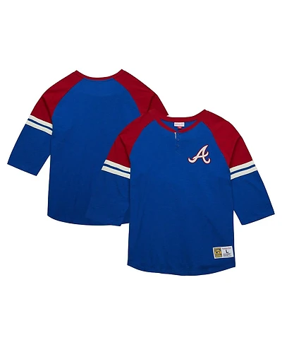Mitchell & Ness Men's Royal Atlanta Braves Cooperstown Collection Legendary Raglan Slub Henley 3/4-Sleeve T-Shirt