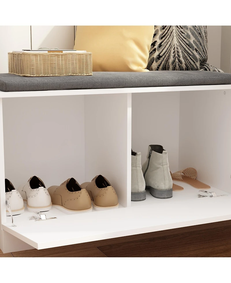 Shoe bench with two lockers, white wooden shoe rack with coat rack, Entryway Bench