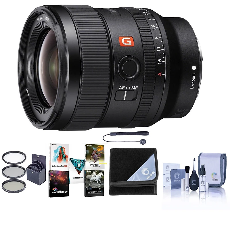 Sony Fe 24mm F/1.4 Gm (G Master) E Mount Lens - Bundle With 67mm Filter Kit, Lens Wrap, Capleash Ii, Cleaning Kit, Pc Software Package