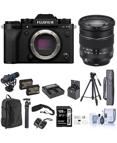 Fujifilm X-T5 Mirrorless Camera, Black with Xf 16-80mm f/4.0 R Ois Wr Lens, 128GB Sd Card, Backpack, 2x Battery, Dual Charger, Camera Strap, Aluminum