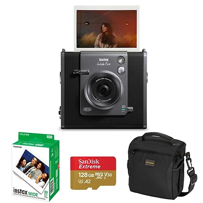 Fujifilm Instax Wide Evo Hybrid Instant Camera, Bundle 20-Pack Film, 128GB Micro Sd Card, Camera Shoulder Bag