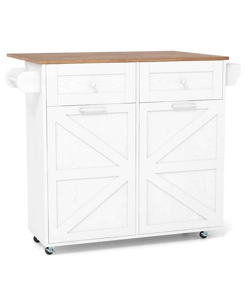 Rolling Kitchen Island with Trash Can Cabinet and Rubber Universal Wheels