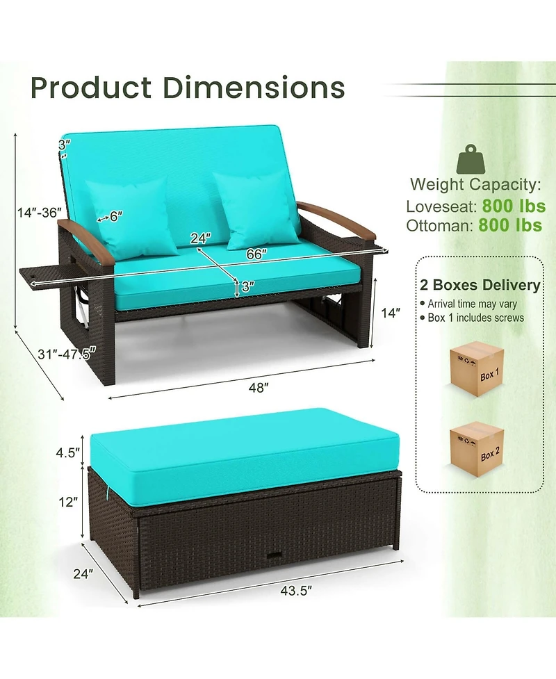 Patio Rattan Daybed Set with Cushioned Loveseat & Storage Ottoman for Porch