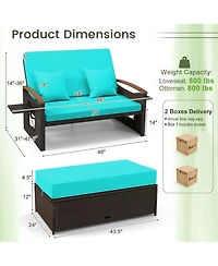 Patio Rattan Daybed Set with Cushioned Loveseat & Storage Ottoman for Porch