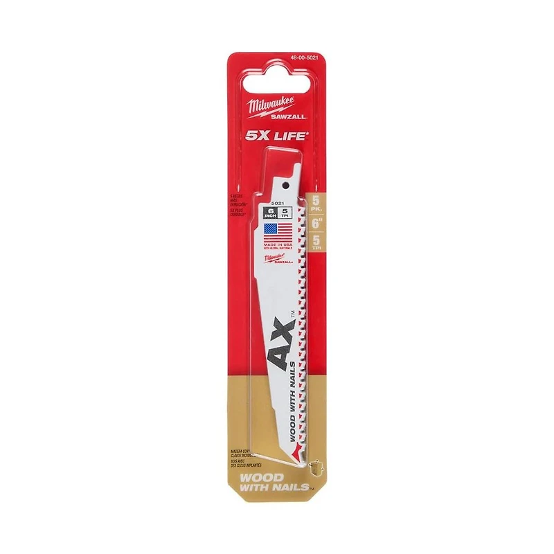 Milwaukee 48-00-5021 6" 5 Tpi The Ax Sawzall Reciprocating Saw Blade - 5 Pack