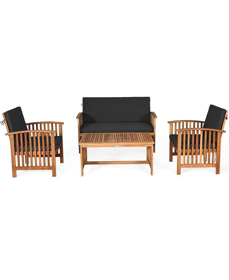 4PCS Patio Solid Wood Furniture Set Conversation Coffee Table W