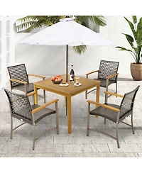 Gymax 5 Pcs Patio Dining Set Acacia Wood Table w/ 1.9'' Umbrella Hole Wicker Armchairs