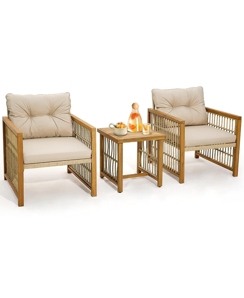Gymax 3PCS Patio Acacia Wood Pe Wicker Furniture Set w/ Soft Seat & Back Cushions