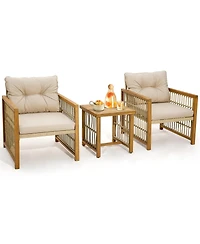 Gymax 3PCS Patio Acacia Wood Pe Wicker Furniture Set w/ Soft Seat & Back Cushions
