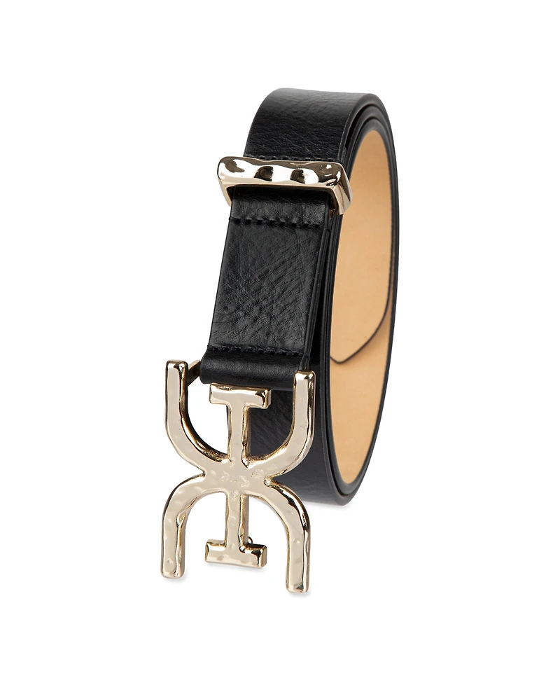 Sam Edelman Women's Hammered Double-e Logo Plaque Buckle Belt