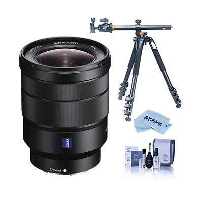 Sony Vario-Tessar T Fe 16-35mm f/4 Za Oss Lens for Sony E, Bundle with Takama 3-Section Aluminum Video Tripod with Fluid Head, Cleaning Kit, Cleaning