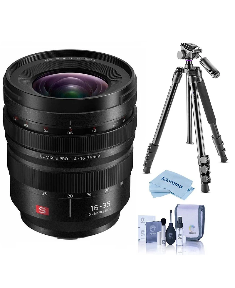 Panasonic Lumix S Pro 16-35mm f/4 Lens for L Mount, Bundle with Takama 3-Section Aluminum Video Tripod with Fluid Head, Cleaning Kit, Cleaning Cloth