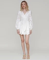 Avec Les Filles Women's Cotton Eyelet Long-Sleeve Romper