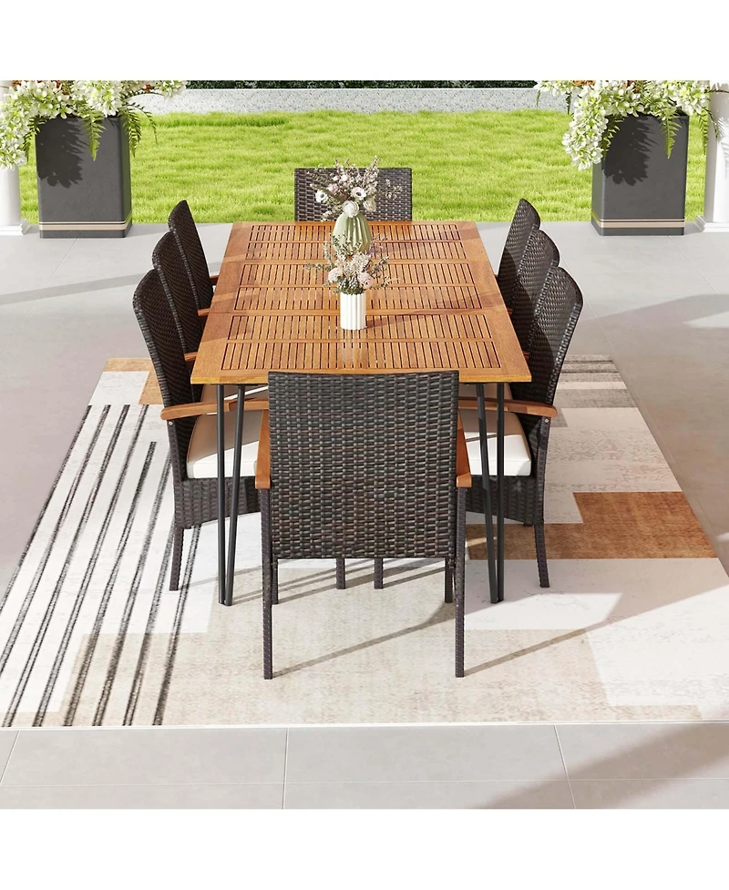9 Pcs Outdoor Patio Dining Set Armchairs Set of 8 and Acacia Wood Square Table