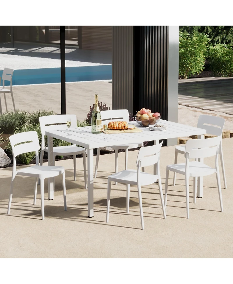 7-Piece Outdoor Rectangular Metal Patio Dining Table Set With Stackable Patio Chairs
