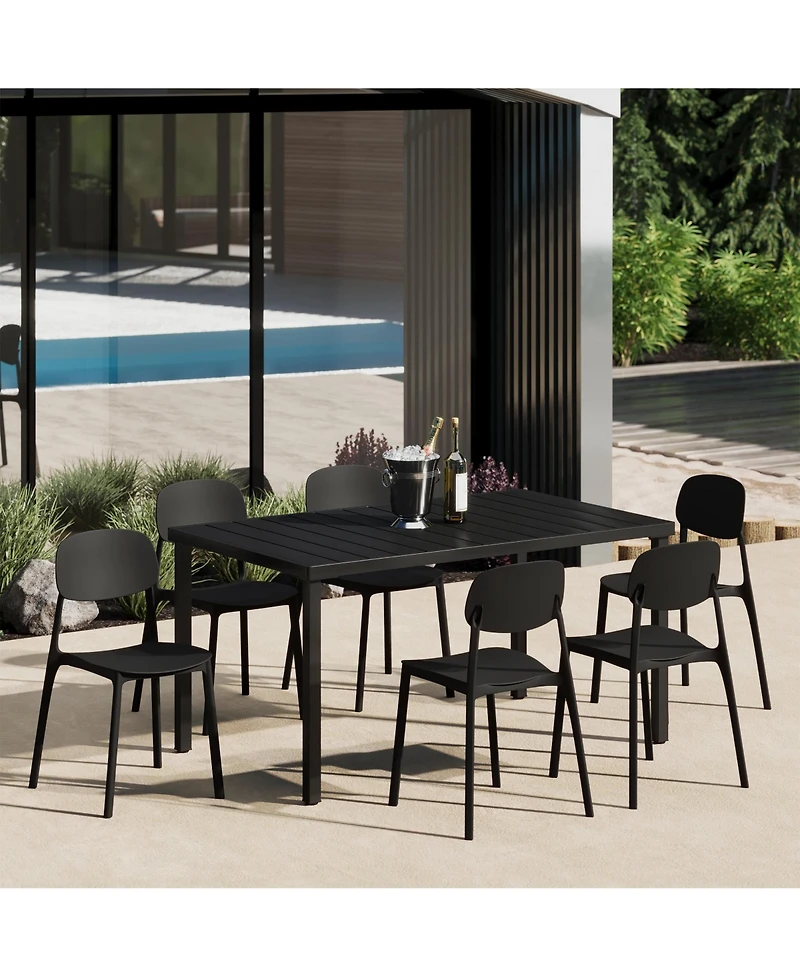 7-Piece Outdoor Rectangular Metal Patio Dining Table Set With Mid-Century Modern Stackable Side Chairs