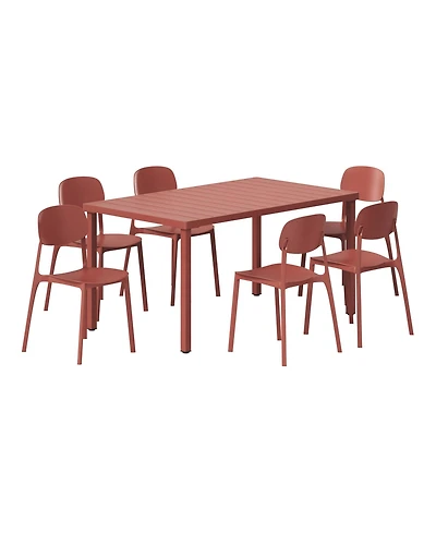 7-Piece Outdoor Rectangular Metal Patio Dining Table Set With Mid-Century Modern Stackable Side Chairs