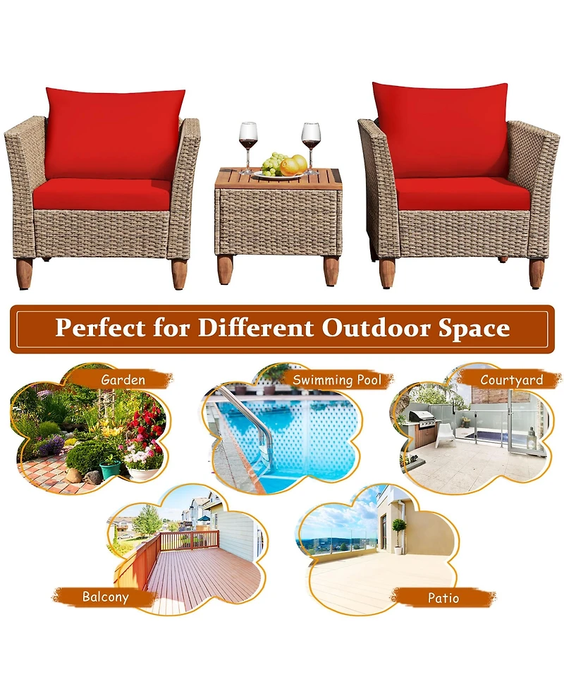 3PCS Patio Rattan Bistro Furniture Set Wood Table Top Cushion Sofa