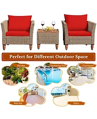 3PCS Patio Rattan Bistro Furniture Set Wood Table Top Cushion Sofa