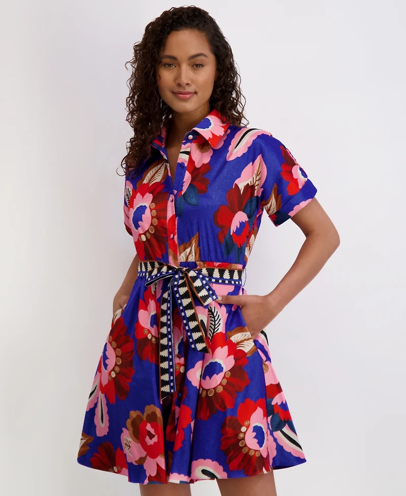 kensie Women's Printed Short-Sleeve Shirtdress