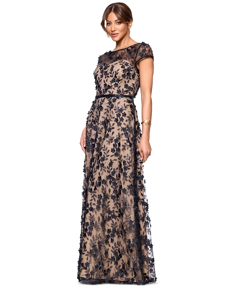 Xscape Petite Short-Sleeve Boat-Neck Embellished-Overlay Gown
