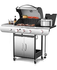 Cowsar Bbq Gas Propane Grill 3 Burner Cast Iron Flat Grill Griddle Combo with Side Burner Stainless Steel 34000 Btu for Outdoor Cooking Backyard Barbe