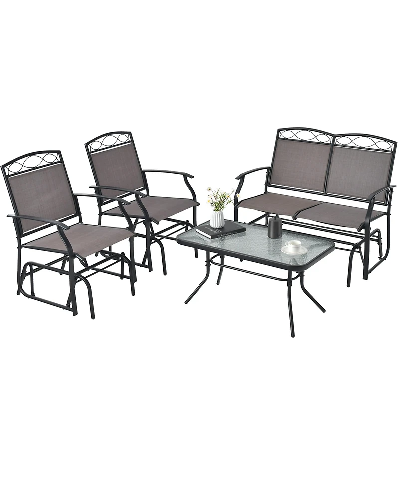 4pcs Patio Glider Conversation Set Swing Rocking Chair Table Heavy-Duty Outdoor