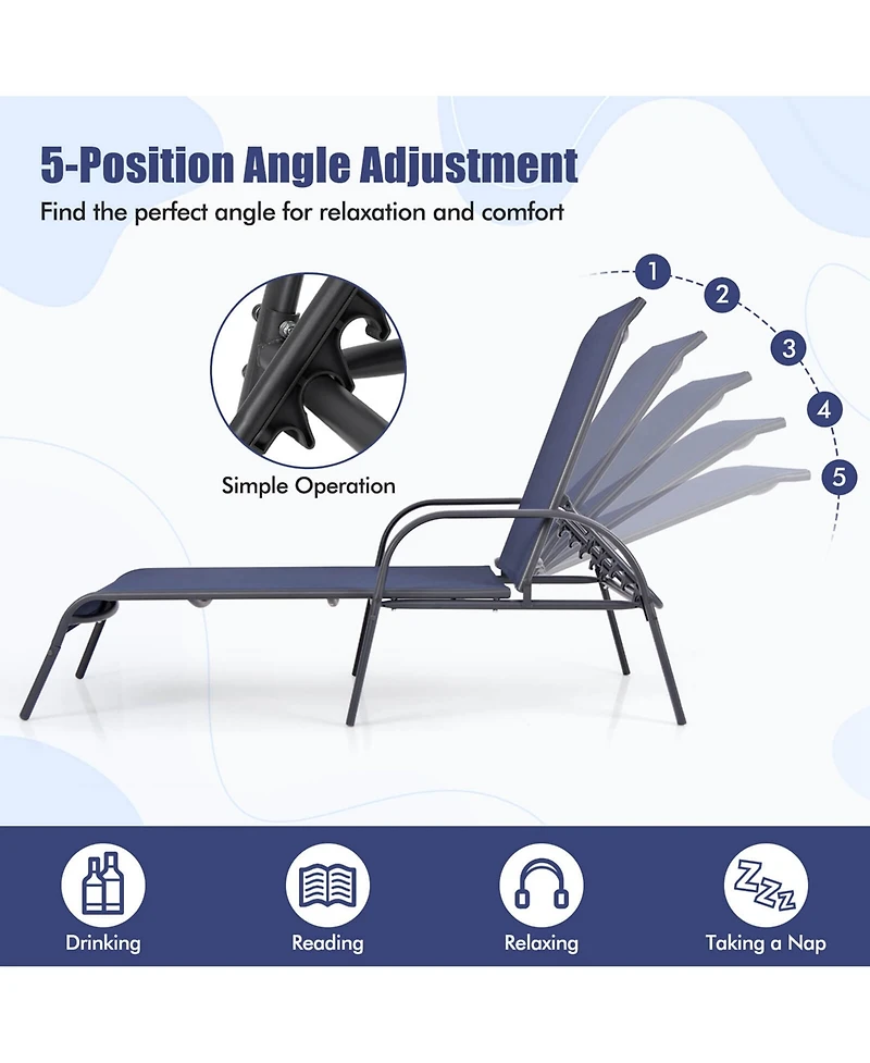 2 Pcs Patio Lounge Chair Chaise Adjustable Reclining Armrest