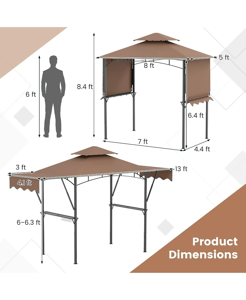 Grill Gazebo with Dual Side Awnings and 2 Shelves Adjustable Shadow