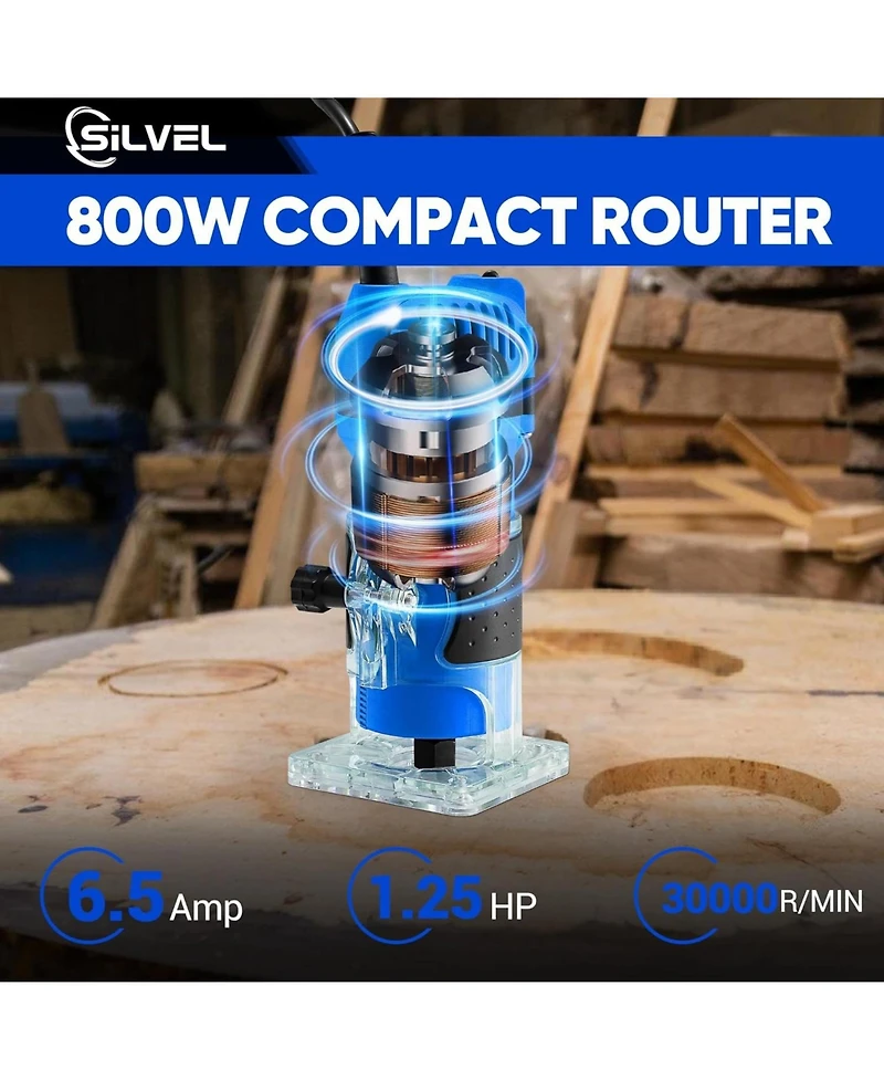Silvel Wood Router, 800W Wood Routers for Woodworking, 6.5Amp 1.25HP Hand Wood Router Tool